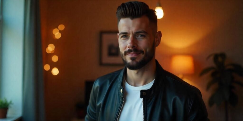 "Real photo of a man with Butch Cut Fade hairstyle and well-groomed beard in a romantic setting."