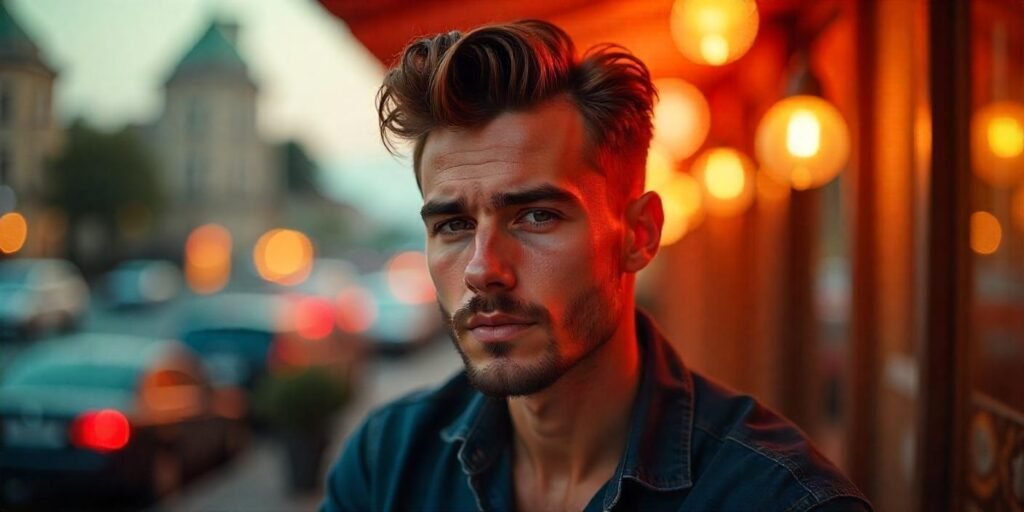"Realistic image of a man with a textured quiff hairstyle and well-groomed beard, embodying a bold yet refined style."