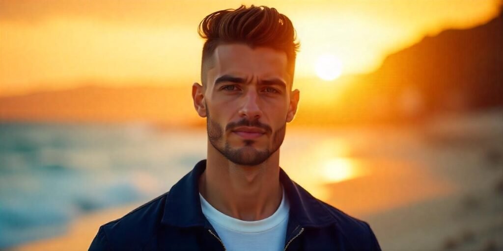 "Young man with crew cut and tapered sides, styled for a neat, voluminous look."

