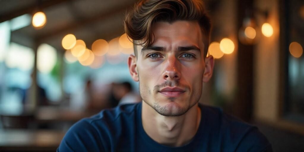 "Man with messy short crew cut hairstyle and navy blue t-shirt in romantic setting."







