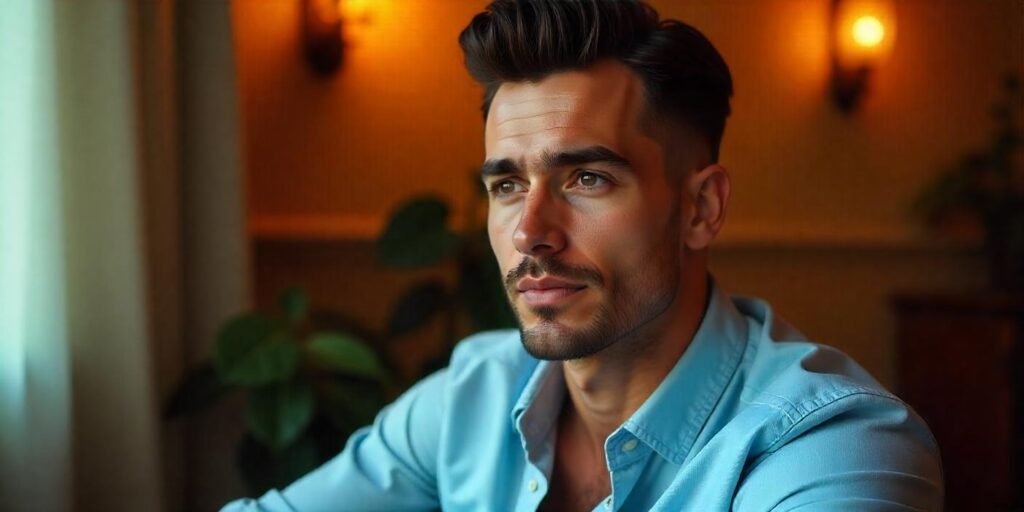 "Man with Pompadour hairstyle and fade, wearing a light blue shirt in a romantic setting."







