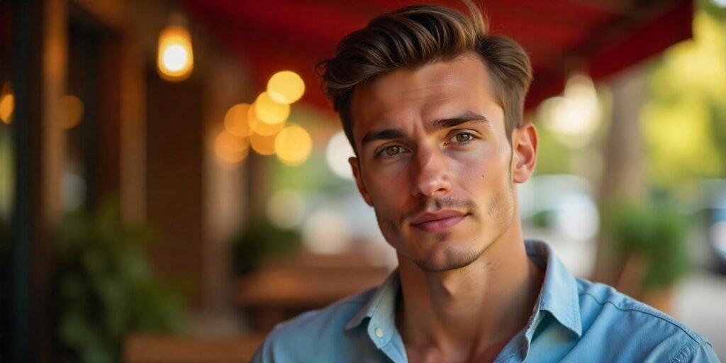 Young man with brushed forward hairstyle adding volume and texture, in a romantic setting.







