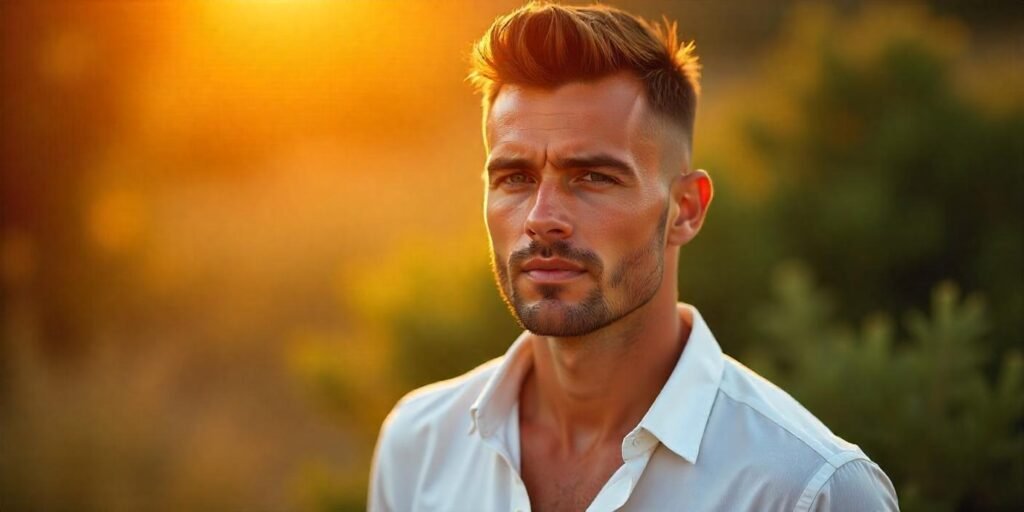 "Man with dark brown buzz cut hairstyle for thin hair, wearing a white shirt in a romantic background."

