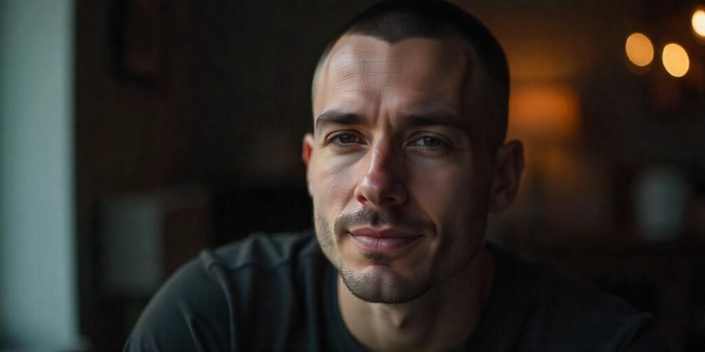 "Realistic photo of a man with closely shaved hair, giving a full and sharp look, set in a romantic background."

