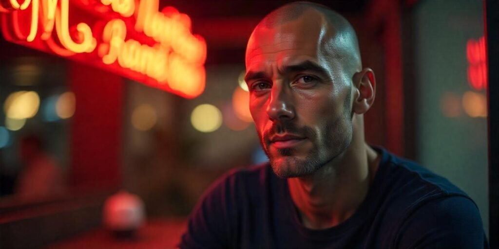 Realistic image of a man with classic bald style, showcasing a confident, minimalistic look with thin hair.

