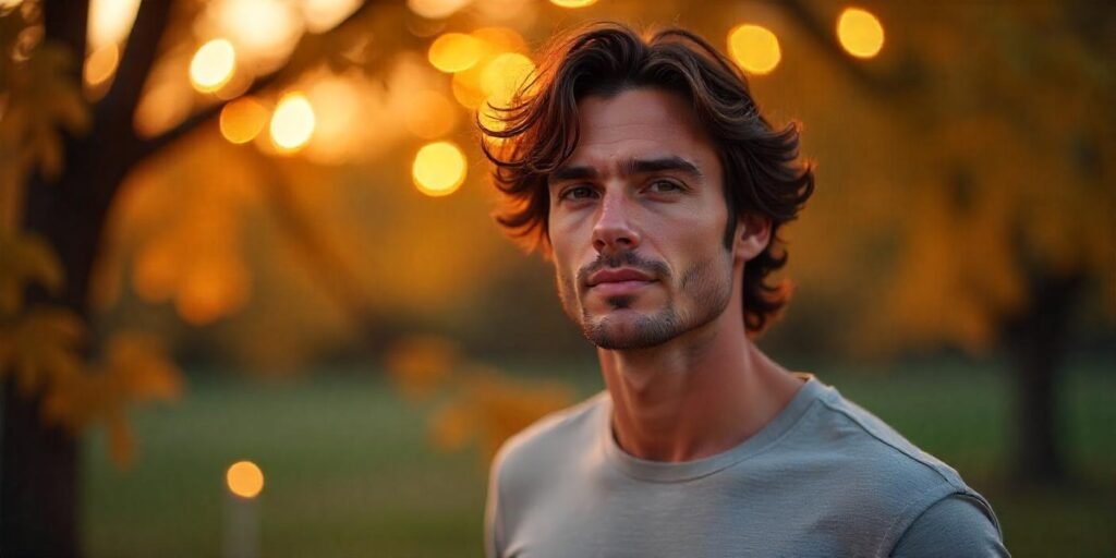 "Man with textured waves for thin hair, styled for volume in a romantic setting."







