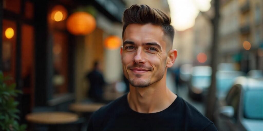 Young man with a flat top hairstyle, dark brown hair, wearing a black t-shirt, set in a romantic background.

