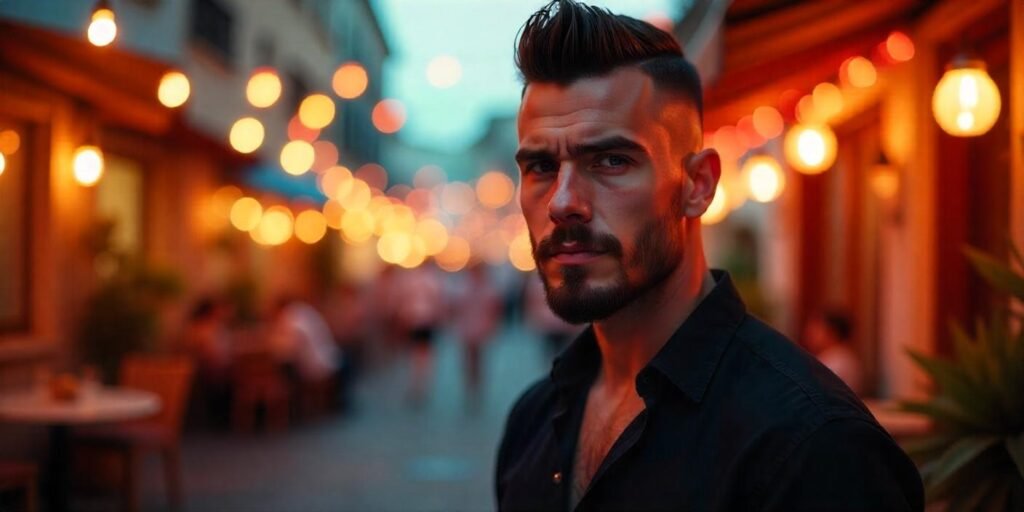 "Young man with a short mohawk fade hairstyle and beard, dressed in a black shirt, in a romantic outdoor setting."