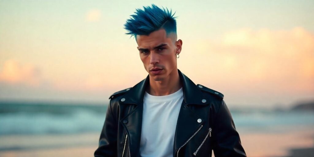 "Realistic photo of a man with a short mohawk fade and electric blue hair in a punk style."