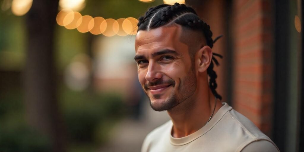 A young man with braided mohawk short hair, faded sides, and a romantic background, showcasing a bold, modern hairstyle for 2025.