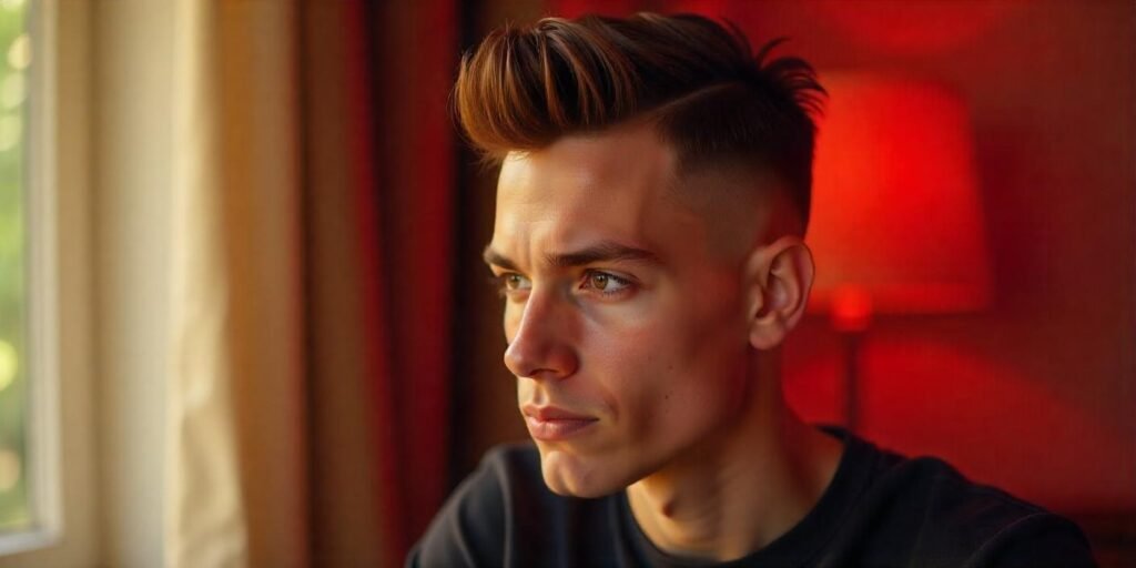 "Realistic image of a man with burst fade mohawk hairstyle and casual dark t-shirt, with a romantic background."