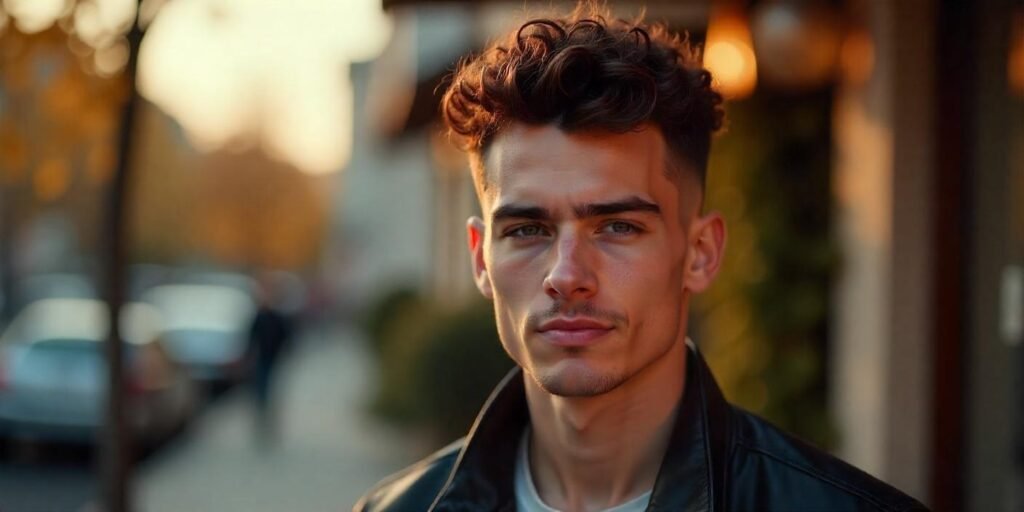 "Young man with curly mohawk hairstyle and natural dark brown curls in romantic outdoor setting."