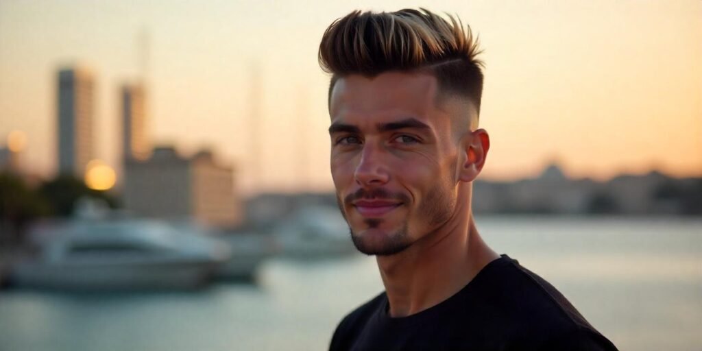 "Man with short mohawk mullet haircut, sleek textured top, and highlighted blonde tips, standing in romantic sunset background."