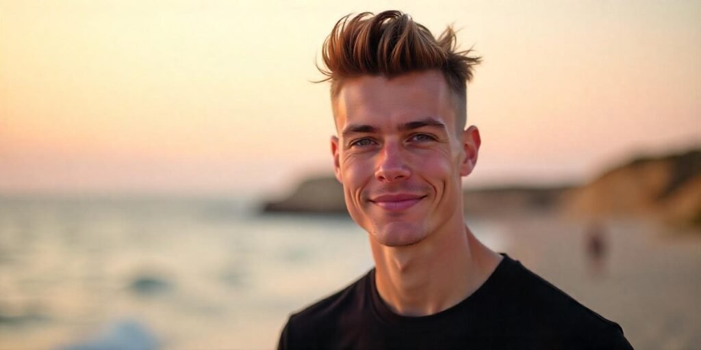 "Realistic photo of a man with a short fluffy mohawk hairstyle in a romantic setting"