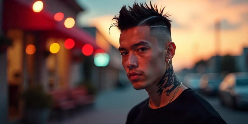 Short Mohawk hairstyle with bold lightning bolt designs and fade – edgy men's haircut style.