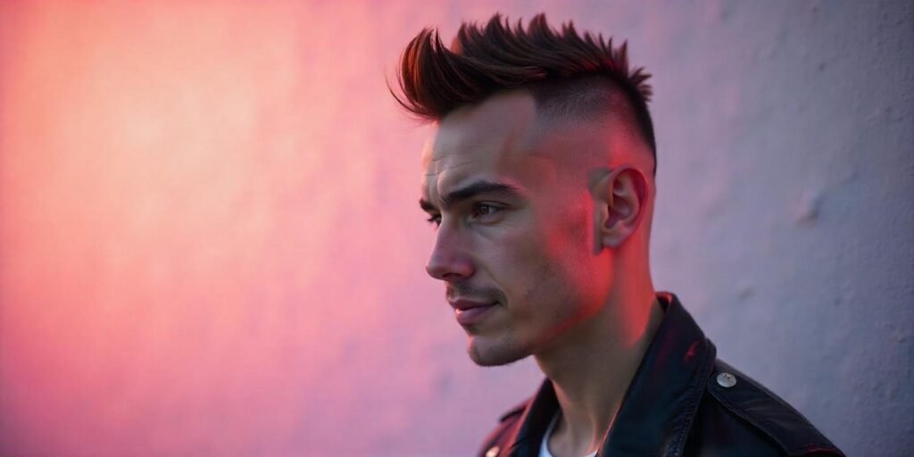 "Short spiky mohawk hairstyle on a man with a black leather jacket, standing in a romantic background."