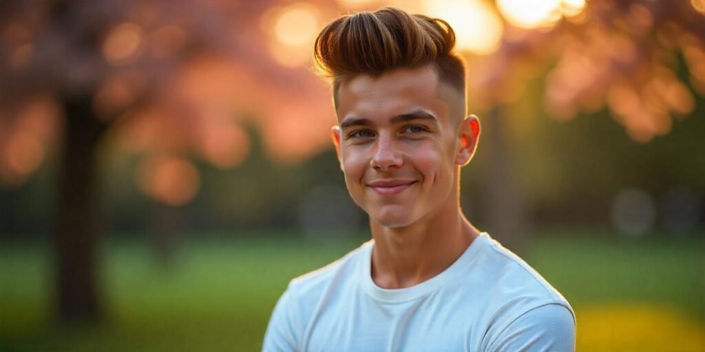Teenage boy with gelled pompadour haircut and front strands falling over forehead in romantic outdoor setting