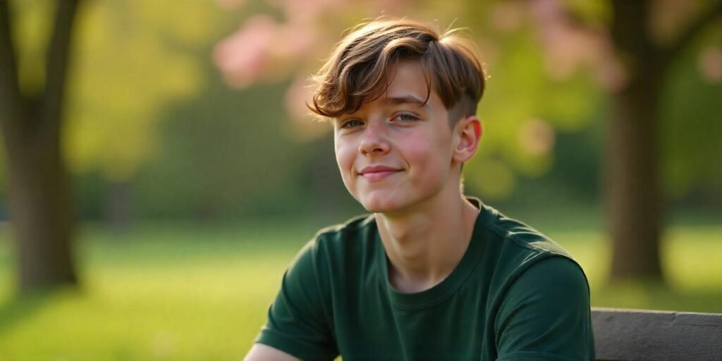 Real photo of boy with straight styled back elongated layers haircut sitting in park with romantic background