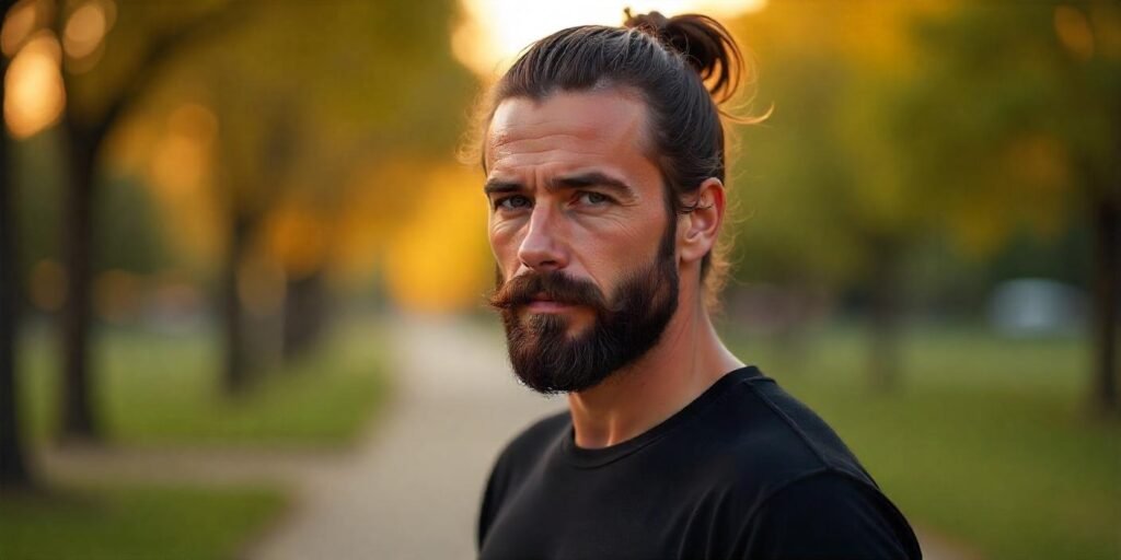 Young man with short ponytail and full beard wearing black shirt in romantic outdoor background