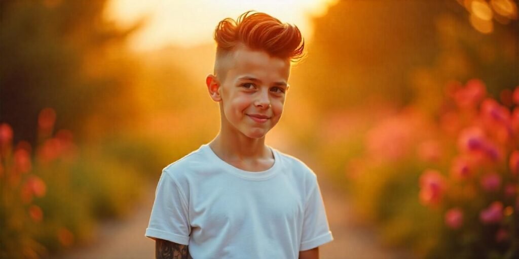Teenage boy with a swept back pompadour cut wearing tattoos and piercings in a dreamy romantic outdoor setting
