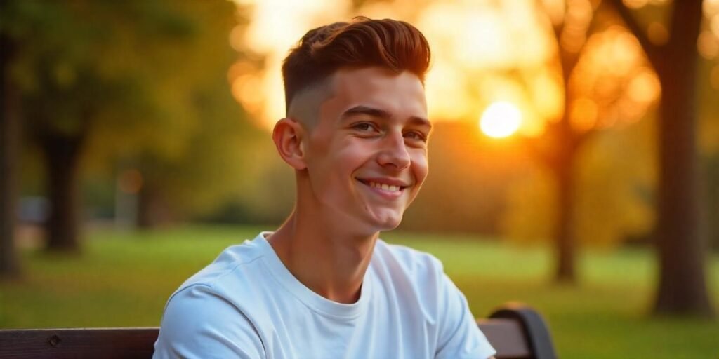 Teen boy with black hair in a sideburn fade haircut sitting in park during sunset with confident expression