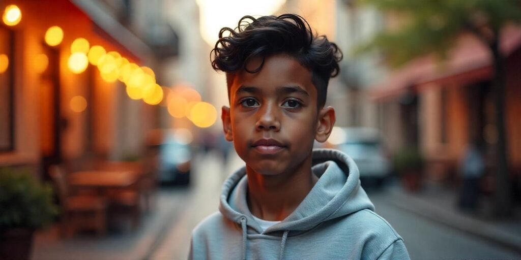Realistic photo of a boy with short sides and medium top haircut styled with cream, in a romantic sunset street background