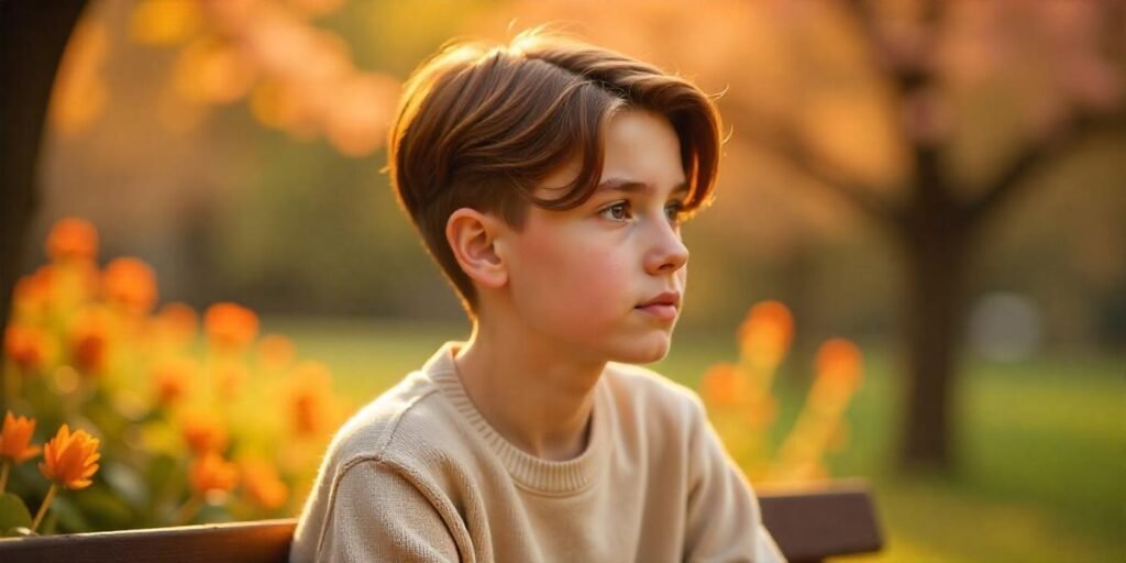 Teen boy with longer back haircut and ear tuck in beige sweater, relaxed look with structured fine brown hair in romantic park setting