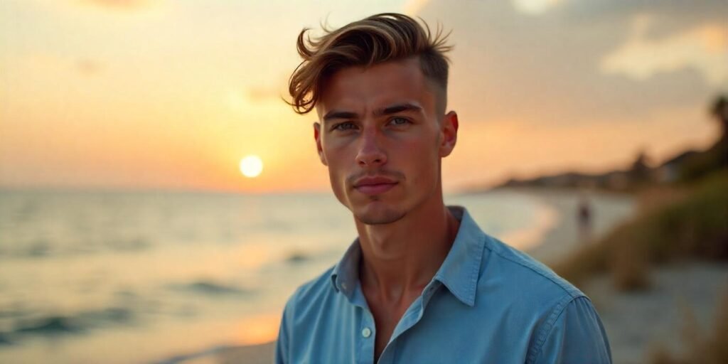 Realistic image of a young man with straight and side-parted haircut, dressed in casual attire, showcasing a relaxed and trendy style.