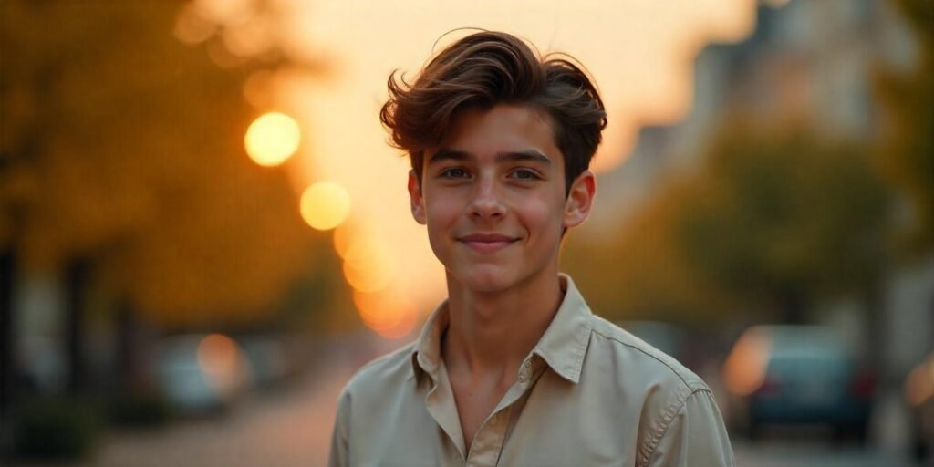 Teenage boy with swept back gelled hairstyle and beige shirt in a romantic park setting during golden hour