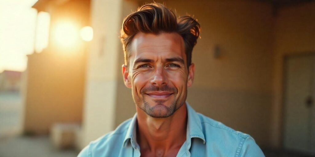 "Spiky hairstyle for men with oval face shape, casual shirt, romantic background, natural finish"