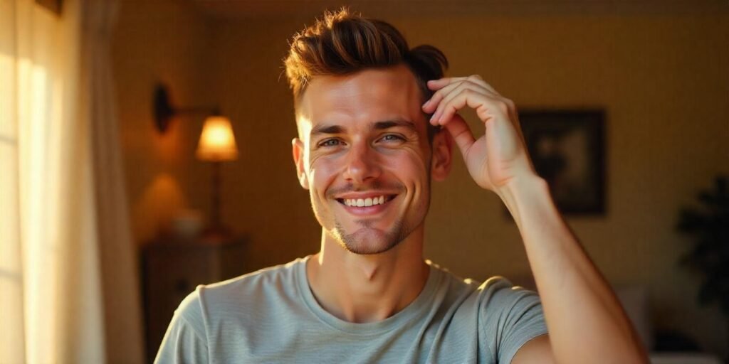 "Young man with short side crop haircut in a romantic setting, showcasing a simple and fresh look"