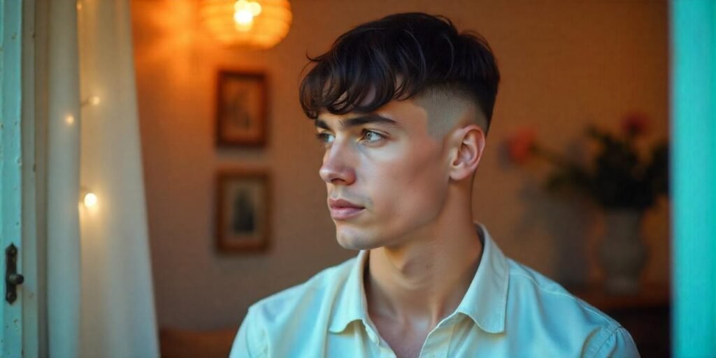 "Real photo of a young man with a sharp Mod Cut hairstyle, wearing a light shirt, in a romantic setting with a defined fringe and sleek finish"