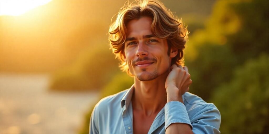 "Stylish medium-length hairstyle for men with natural waves and face-framing layers for a relaxed, chic look."