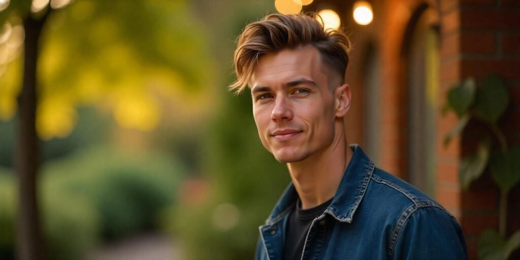 "Young man with modern mullet hairstyle, textured top and fade sides, in romantic outdoor setting"