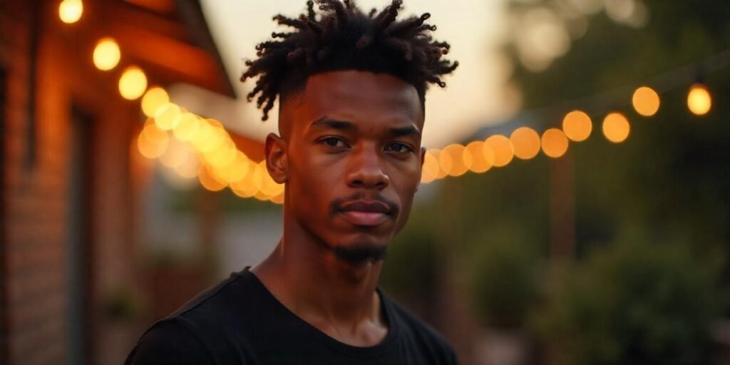 "Textured afro fade hairstyle on a man with high fade sides and curly top, wearing a black t-shirt in a romantic setting."