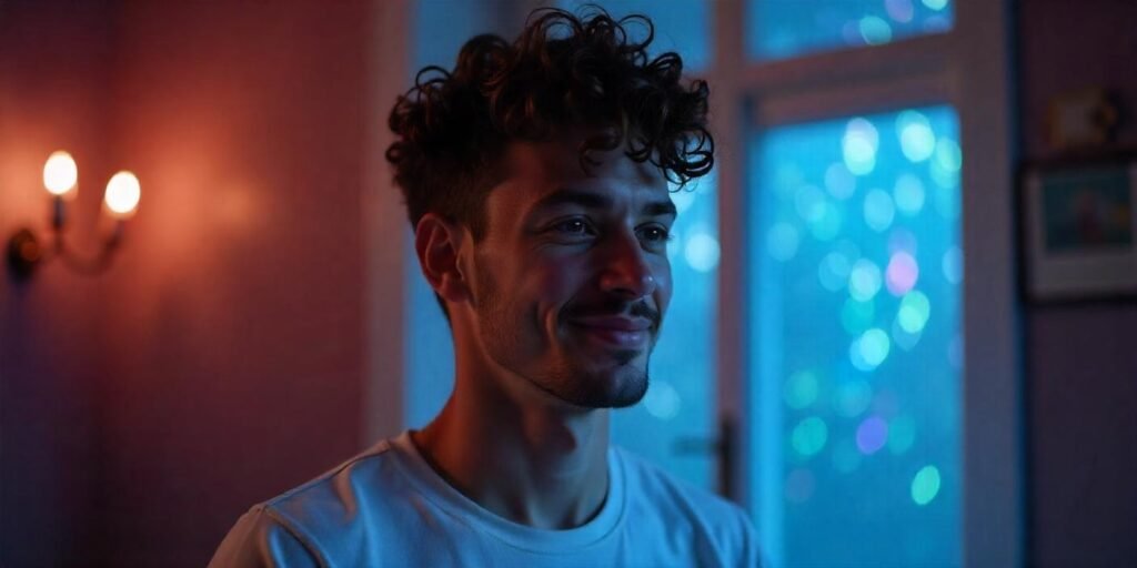 "Man with curly top taper hairstyle featuring tapered sides, styled with curl-enhancing cream and natural curls."
