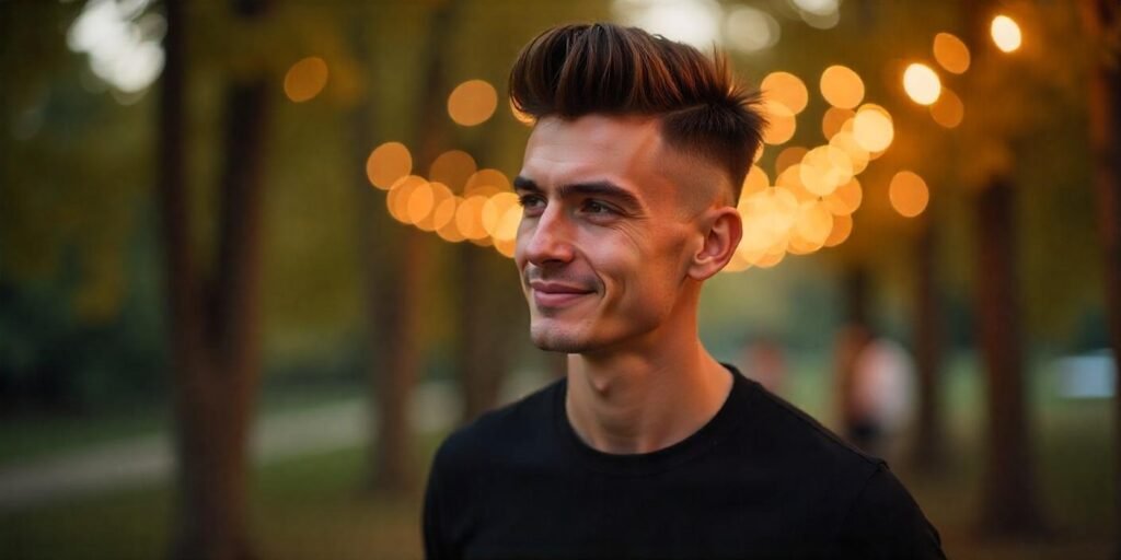 "French crop hairstyle for men with textured top and fade, casual look in romantic outdoor setting"
