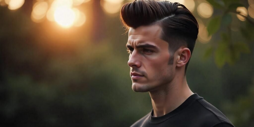 "Realistic photo of a man with a short pompadour hairstyle, featuring tapered sides and volume on top."