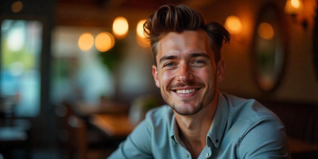 "Young man with a classic quiff hairstyle, styled with volume and clean lines, dressed in a light grey shirt."