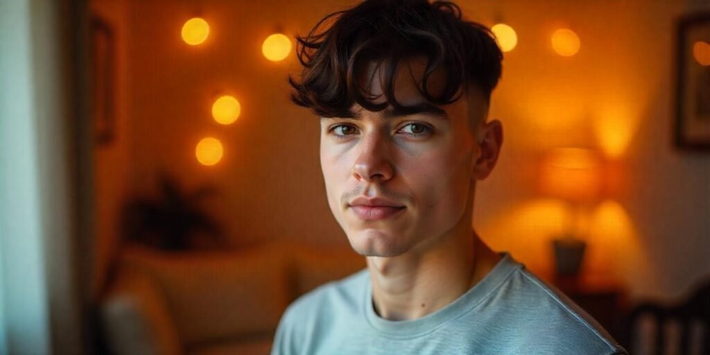 "Undercut with fringe hairstyle for men, with a natural look and romantic background."