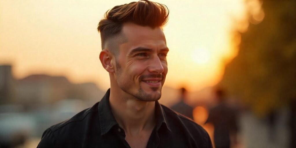 Young man with undercut quiff hairstyle, wearing a black shirt in a romantic sunset scene.