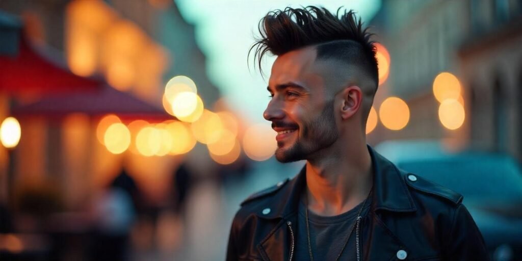 "Undercut Mohawk hairstyle for men, stylish, bold look in a romantic outdoor setting"