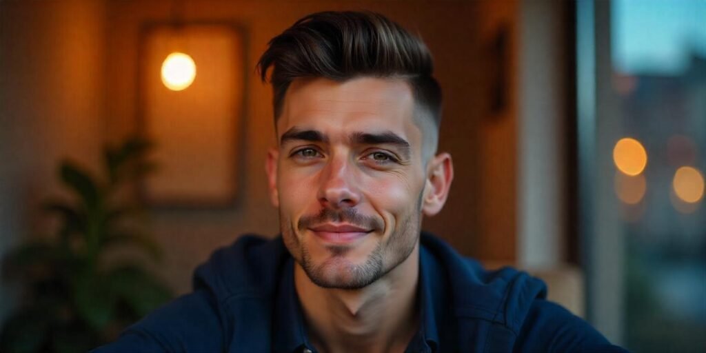 "Side part undercut hairstyle for men with a natural dark brown color and a confident expression in a romantic setting."
