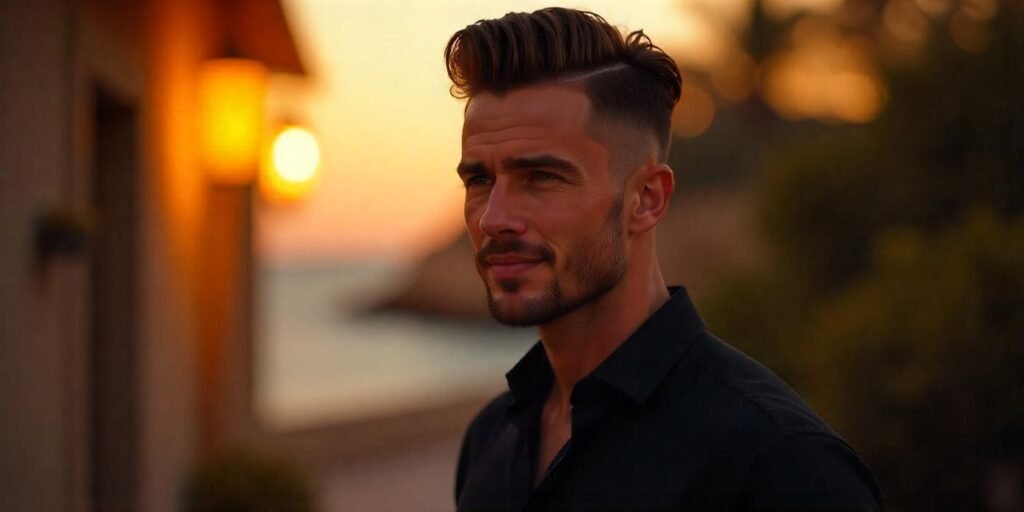 "Man with hard part undercut hairstyle dressed in dark shirt, confident expression, romantic background"