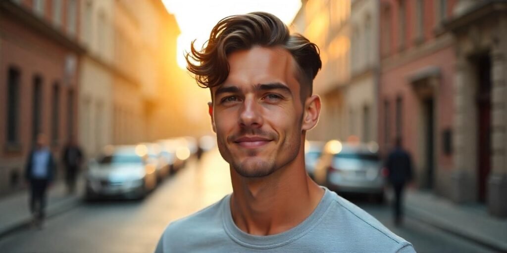 "Real photo of a young man with a side swept undercut hairstyle for boys with wavy hair."