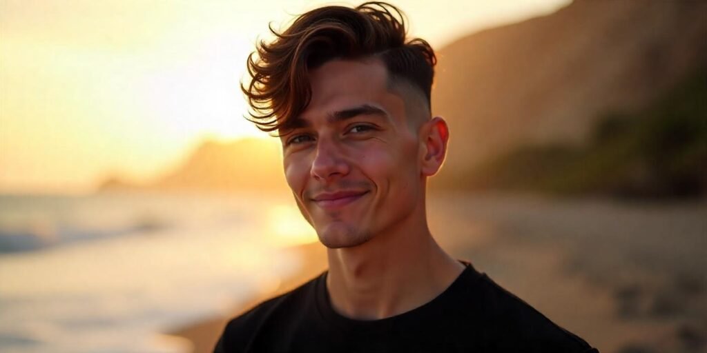"Young man with long fringe side swept undercut hairstyle, dressed in a black t-shirt, confident expression, romantic background."