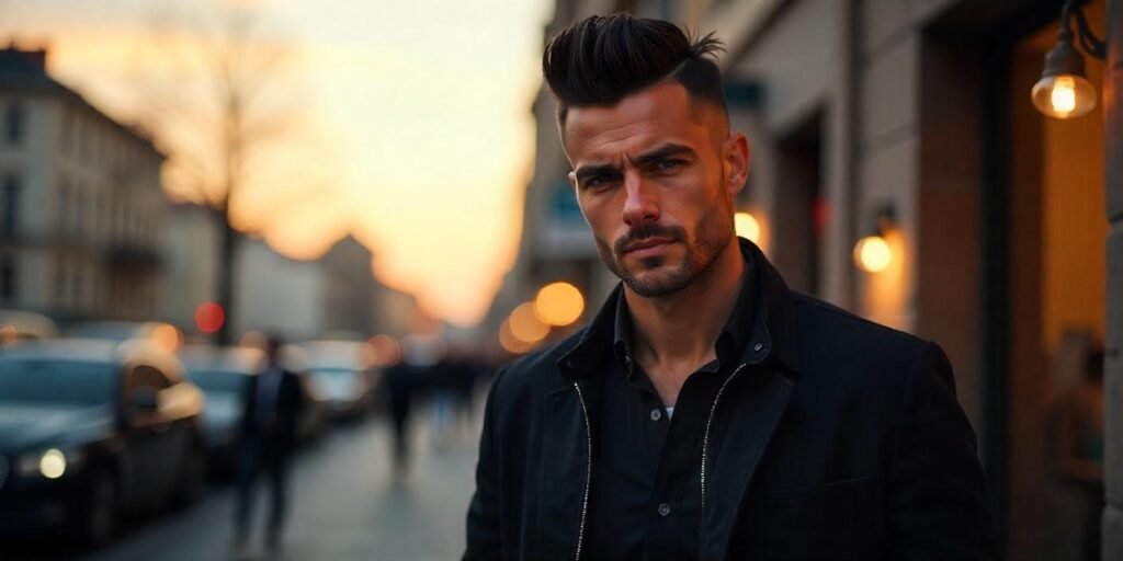 Pompadour Undercut hairstyle with a sharp contrast of voluminous top and shaved sides for men, styled in a romantic setting.
