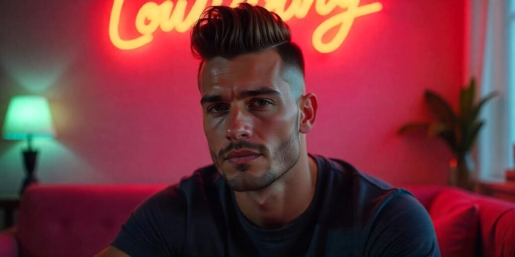 Realistic photo of a man with a Hard Part Pompadour Undercut hairstyle, featuring a romantic atmosphere.