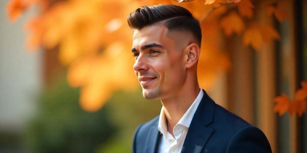 "Young man with a slicked-back undercut hairstyle in a romantic setting, dressed in a dark suit."