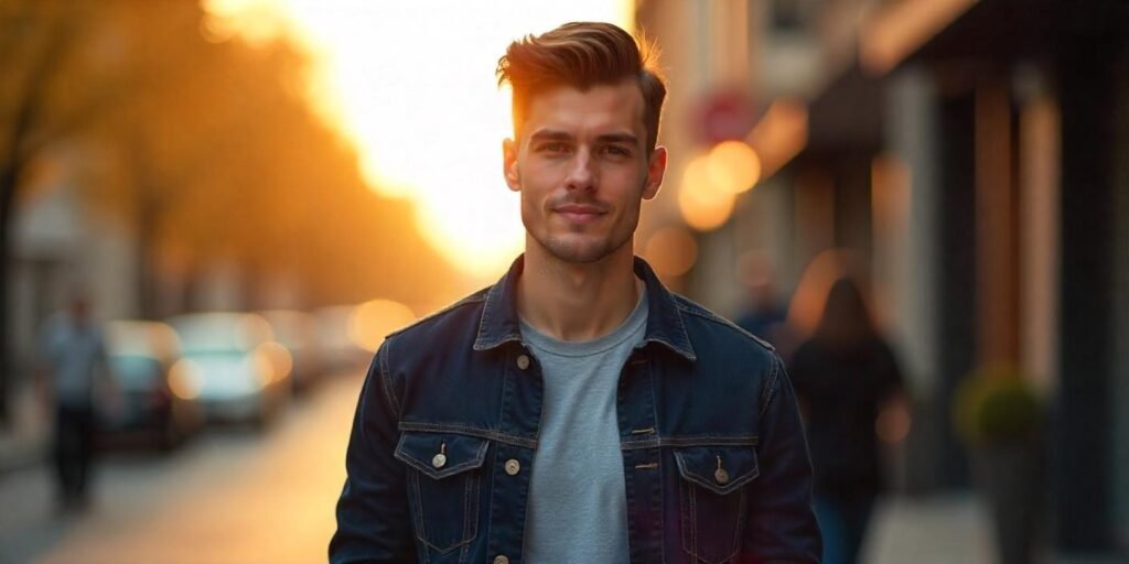 "Young man with undercut comb-over hairstyle in casual jacket, exuding confident style."